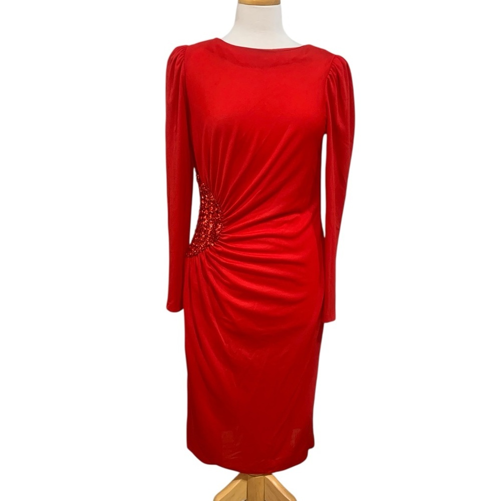 Vntg 70’s JC Penny long sleeved red midi dress with sequins & ruching sz 11/12